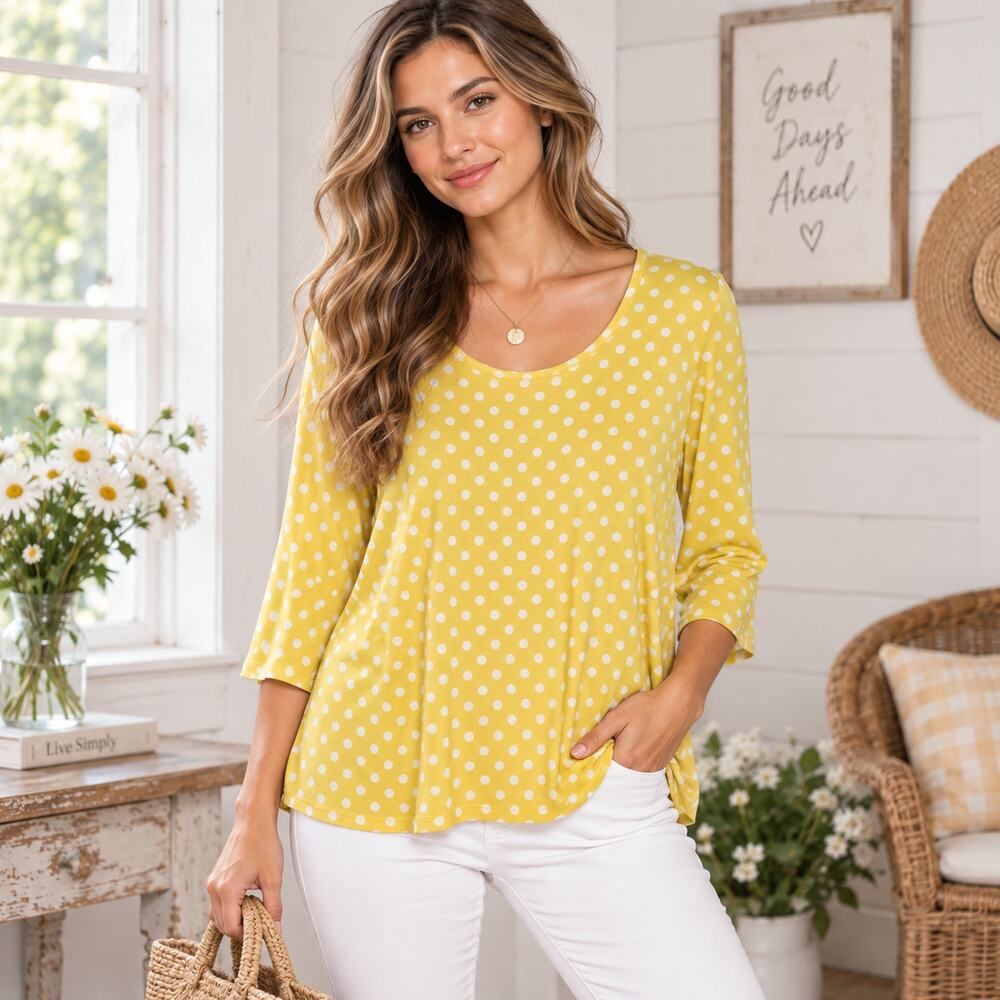 Susan Graver Liquid Knit Blouse Women's Size L Yellow Polka-dot Office Cottage